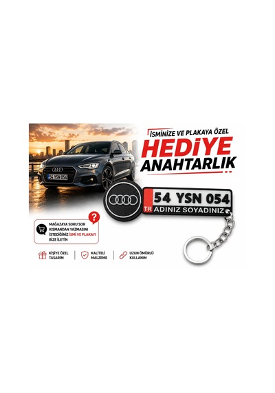 Audi Logolu Ve Plakalı Anahtarlık , Kişiye Özel - Hediyelik Audi Araç Plaka Anahtarlık - Plakalık Şe