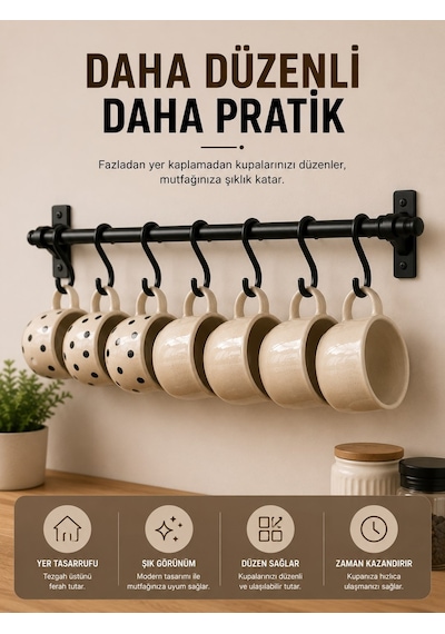 Siyah Metal 6 Kancalı Duvar Askılığı – Vidalı Mutfak & Banyo Askı Borusu, Dayanıklı Ferforje Tasarım