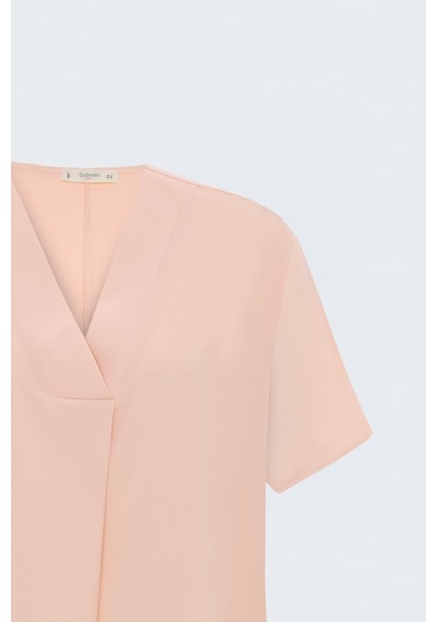 Sateen Geniş Kısa Kollu Bluz - Pudra-137801