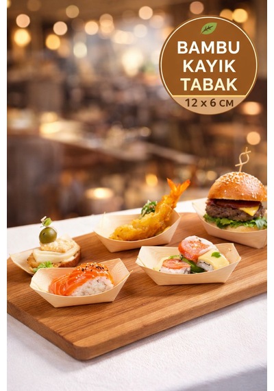 50'li Pkt Mini Bambu Kayık Tadım Tabağı 12x6 Cm Kokteyl Sunum Tabağı Catering Parti Servis Tabak