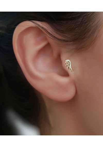 14 Ayar Altın Taşlı Melek Kanadı Tragus Piercing Sarı Altın