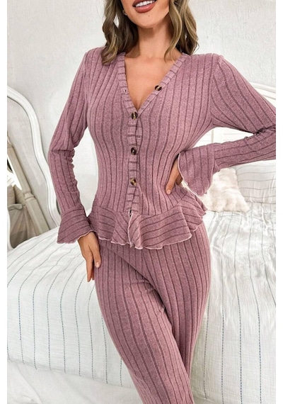 Bella Notte V Yaka Gül Kurusu İspanyol Kol Pamuklu Pijama Takımı Pembe