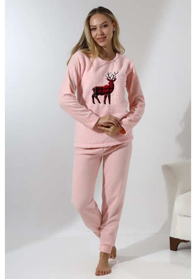 Wordex Fawn 5016 Peluş Welsoft Polar Kışlık Yumoş Geyikli Kadın Pijama Takımı - Pembe
