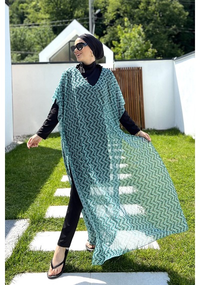 Remsa Tesettür Mayo Üzerine Desenli Tek Kaftan Pareo 430-306 Mint Mint Yeşili