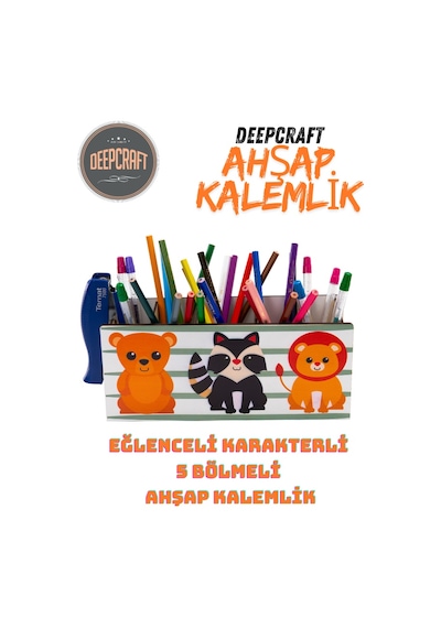 Deepcraft Ahşap Çocuklar İçin Masa Üstü Kare Kalemlik & Organizer-safari