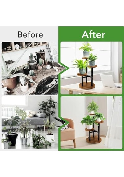 Çiçeklik 3 Raflı Saksılık Dekoratif 3 Raflı Çiçeklik Metal Doğal Ahşap Saksılık Çiçek Rafı Daire Model Diğer