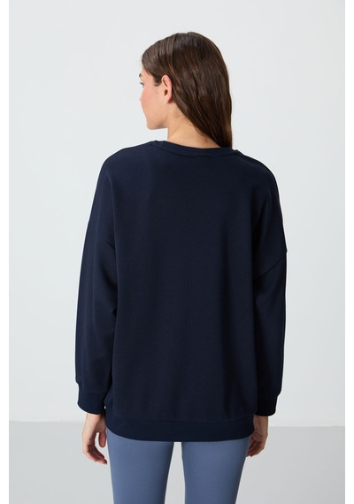 Tommy Life İndigo Kompakt Pamuklu Kalın Pürüzsüz Dokulu O Yaka Oversize Fit Kadın Sweatshirt - 97288 İndigo