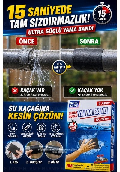 Ultra Güçlü Yama Bandı Çatlak, Delik Ve Su Kaçaklarına Kalıcı Çözüm 4 Adet