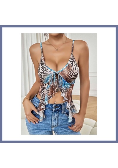 Bezos Kadın Siyah Leopar Desenli Crop Askılı Önden Bağlama Fırfır Detaylı 5091 Beden: L/xl Renk: Siyah Dlra
