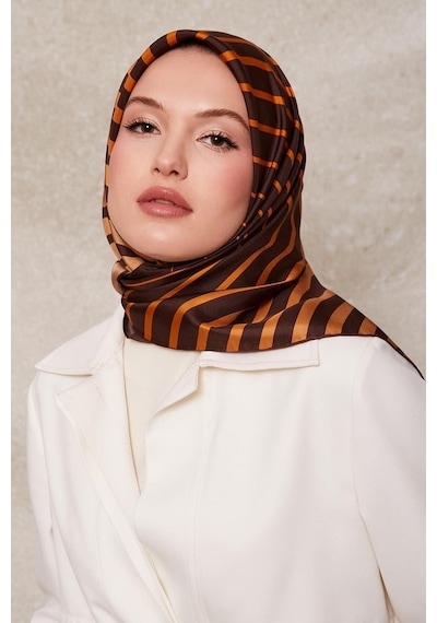 Levidor Şerit Desen Twill İpek Eşarp-0909 Kahve