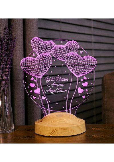 3D Led Lamba 3 Boyutlu Anneler Günü Kişiye Özel Balon Kalp Küre