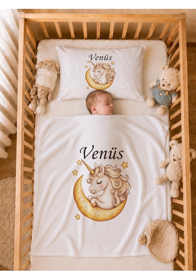 İsme Özel Kız Bebek Battaniye 80x80 Cm Ve Yastık Kılıfı 35x45 Cm %100 Pamuk Organik Baskılı Bebek Seti Bebek Hediyesi 1108yb Krem
