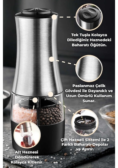 Primanova Gadget Dual Paslanmaz Çelik Çift Hazneli Otomatik Tuz & Karabiber Öğütücü Pilli