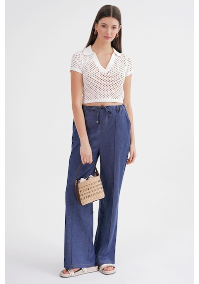 Mixray 4679 Kadın Beli Lastikli Bağlamalı Denim Pantolon İndigo