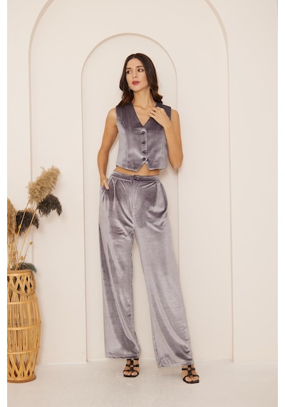 Darlin Moda Kadın Antrasit Yüksek Bel Geniş Paça Kadife Pantolon Dm3002 Antrasit