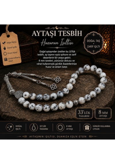 Doğal Aytaşı Tesbih 8 Mm 33'lük Huzurun Işıltısı Özel El Emeği Tasarım Beyaz - Siyah