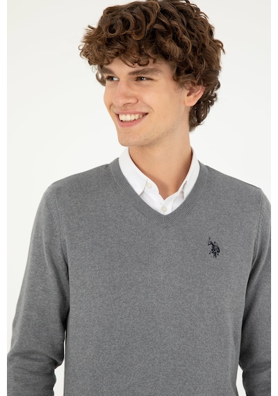 U.S. Polo Assn. Erkek Slim Fit V Yaka Gri Melanj Basic Kazak 50293512-VR086