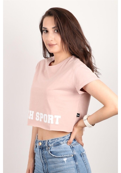 Kadın Kısa Kollu Crop Bluz Pembe
