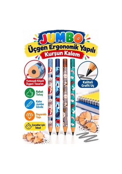 Yumuşak Üçgen Yapılı Jumbo Kurşun Kalem Sevimli Hayvan Desenli 4 Adet Silka