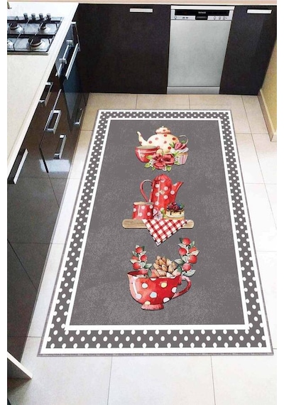 Gri Kaymaz Tabanlı Çaydanlık Desenli Mutfak Halısı Ar842n11