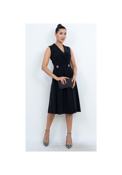Dorne Moda Kruvaze Yaka Kolsuz Midi Elbise Bel Detaylı, Pileli Şık Günlük & Düğün - Davet Elbisesi Siyah Siyah Dorne Moda Kruvaze Yaka Kolsuz Midi Elbise Bel Detaylı, Pileli Şık Günlük & Düğün - Davet Elbisesi Siyah Siyah
