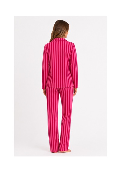 Sleeproom Kadın Süet Mevsimlik Uzun Kol Pembe Pembe Çizgi Desen Pijama Takımı