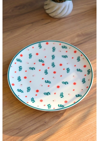 Tabak Evi Porselen Yeşil Çiçekli Pasta Tabağı Yeşil Fileli 20,50cm Krem