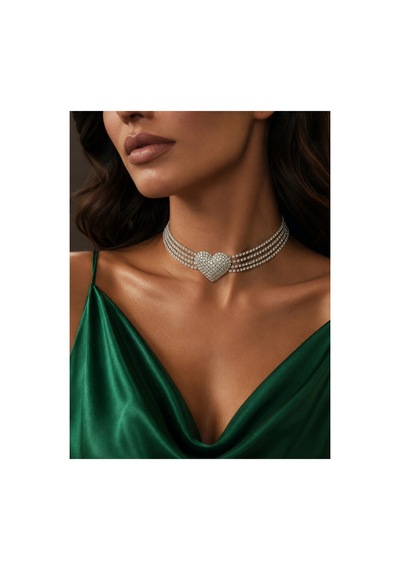 Kalp Motifli Çok Sıralı Zirkon Taşlı Kadın Choker Kolye Gümüş - 900249875 Gümüş