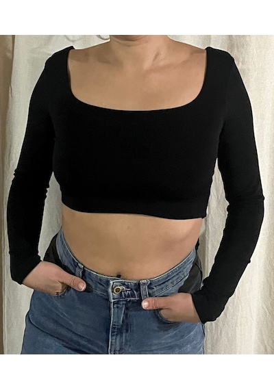 River Island Kadın Siyah Uzun Kollu Kare Yaka Crop Bluz Siyah