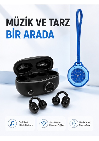 Şarj Kutulu Kablosuz Kulaklık Ve Askılı Mavi Charm Saat  İkili Set -   Lisinya