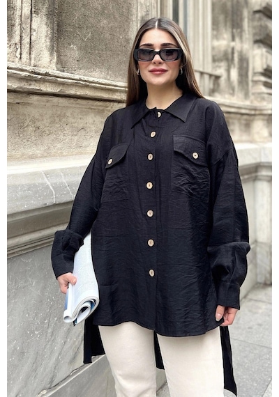 WeShaya Kadın Siyah Balon Kol, Pileli, Yırtmaçlı, Oversize, Keten Tunik Gömlek Siyah