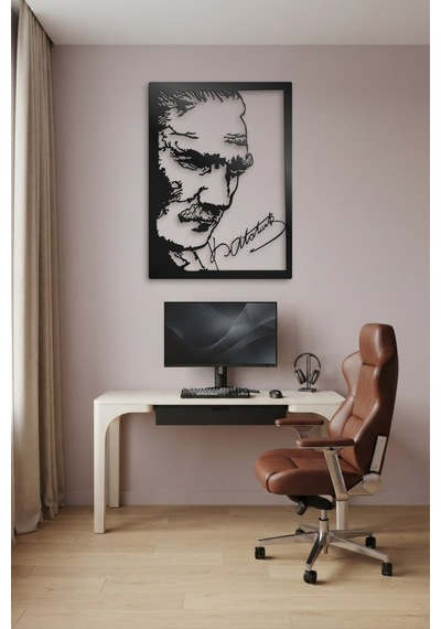 Atatürk Ve İmza Metal Duvar Tablosu - Duvar Sanatı - Duvar Dekoru - Siyah