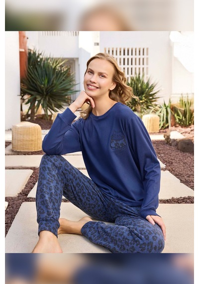 Aydoğan Kadın Asya Termal Leopar Lacivert Pijama Takım 0491 Koyu Mavi