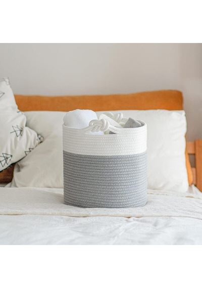 Mavaux Chang Örgü Saplı 3'lü Saplı Sepet, Düzenleyici 3'lü Sepet, Hasır Dokuma Sepet 30cm X 30cm Gribeyaz
