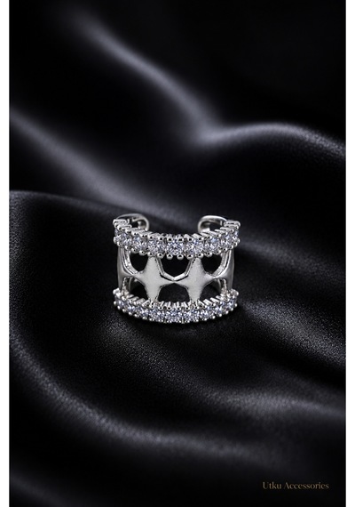 Sıralı Taşlı Kıkırdak Çelik Küpe Earcuff Gümüş
