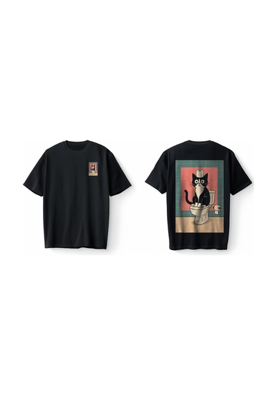 Bumeta Komik Kedi Baskılı Funny Cat Bathroom Graphic Oversize Unisex Tişört T-shirt Siyah