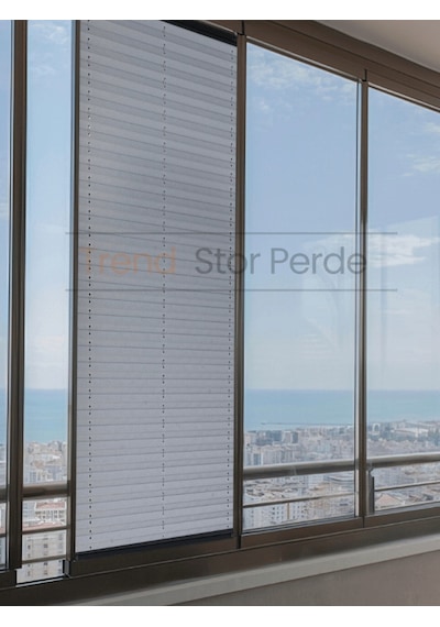 Mavi Gri Plise Katlanır Cam Balkon Perdesi - Ofis Perdesi - Salon Perdesi - 008 Mavi Gri