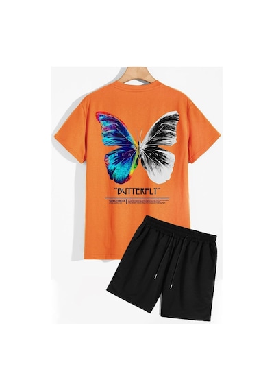 Uyguntarz Butterfly Sırt Baskılı Şort T-shirt Eşofman Takımı Turuncu