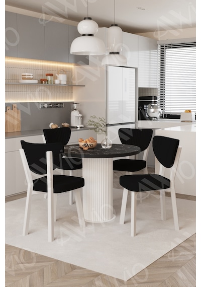 Avvio Elma Yuvarlak Siyah Mermer Mutfak Masa 4 Adet Sandalyeli Takım 90x90 Cm