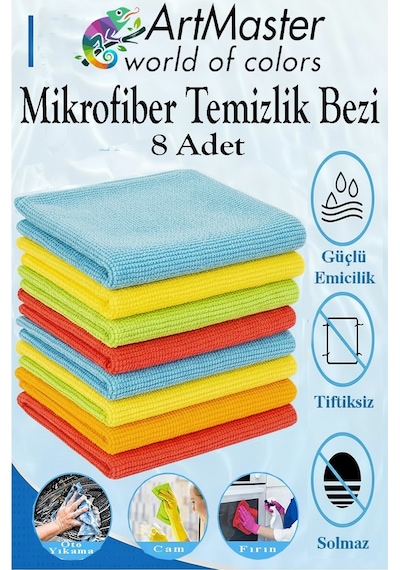Mikrofiber Temizlik Bezi 8 Adet Renkli Mikrofiber Bez 40x40cm Mutfak Bezi Kurulama Bezi Cam Bezi Leke Tutmaz İz Bırakmaz Çok Renkli
