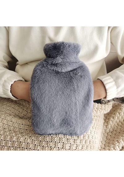 Sıcak Su Torbası Yan Cepli Gri Peluş Termofor 27x17x2cm 1 Litre Koyu Gri