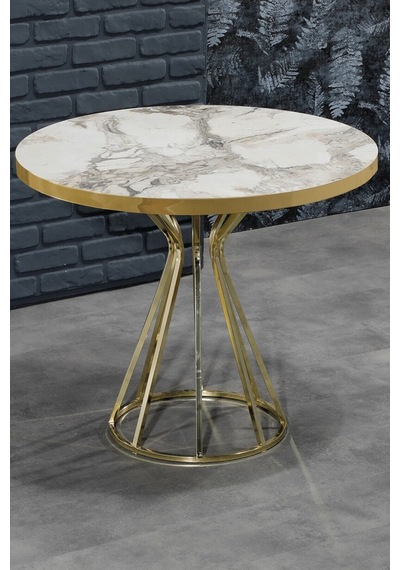Avvio 90x90 Ella 4 Kişilik Beyaz Mermer Görünümlü Metal Mutfak Masası Takımı-gold Tel Sandalyeli 90x90 Cm Beyaz
