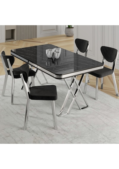 Canisa Raja Serisi 80x130 Lak Panel Siyah Mermer Desen Masa Takımı Krom Ayaklı 4 Sandalye Canisa Raja Serisi 80x130 Lak Panel Siyah Mermer Desen Masa Takımı Krom Ayaklı 4 Sandalye
