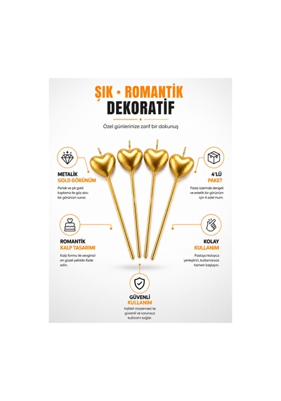 4'lü Gold Kalpli Doğum Günü Mumu 14 Cm Metalik Kalp Pasta Mumu Dekoratif Kutlama Mumu