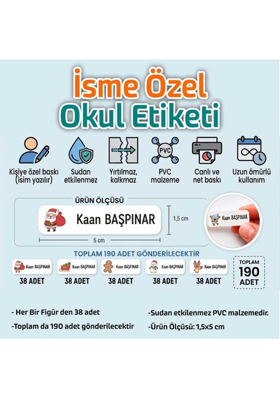 Kapbirhediye Okul Etiketi Isme Özel Kalem Defter Etiketi Yılbaşı 1 Temalı 190 Adet Çok Renkli