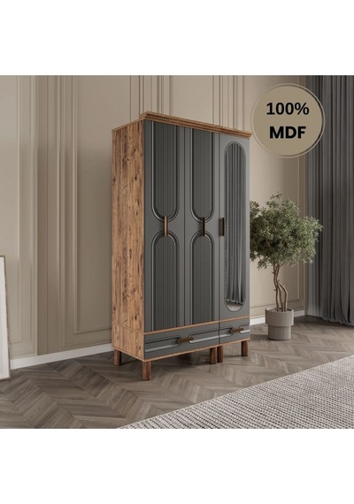 Zen 3 Kapak Ayaklı Tasarım Country Mdf Gardırop Antrasit