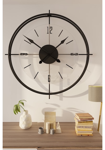 MetaQuartz Aksesuar Deluxe Şeffaf Cam İskandinav Çiftçember Camlı Duvar Saati Siyah 55 x 55 CM