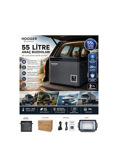 Hooger German EA 55 LTX New Series Geniş Kabin Dijital Led Ekran Oto Kamp Buzdolabı 12-24 Volt -20 Derece Hızlı Soğutma