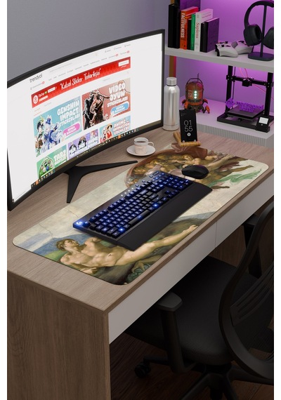 Ademin Yaratılışı Tablo Michelangelo V3 90x40 Xxl Gaming Kauçuk Kaymaz Taban Mouse Pad Fare Altlığı