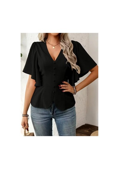 Butik İstanbul Kadın Kısa Kollu Önden Düğmeli Ithal Krep Bluz Siyah